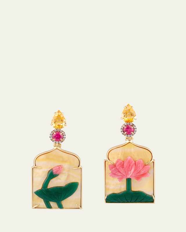 18K Yellow Gold Window Shaped Earrings with Mother-Of-Pearl, Aventurine, Rhodochrosite, Pink Tourmaline, Citrine and Diamonds